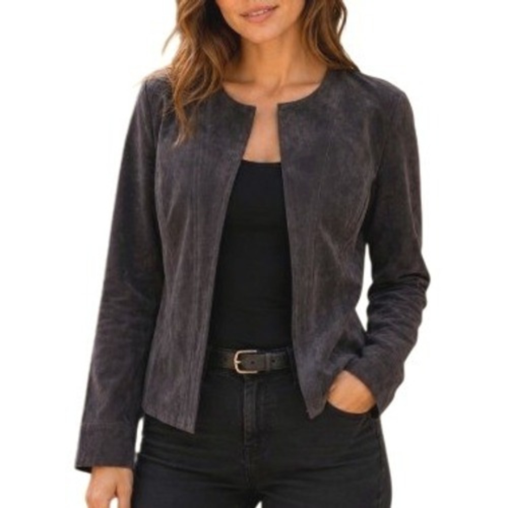 ALFANI Dark Brown Suede Leather Short Zip Minimalist Structured Jacket M